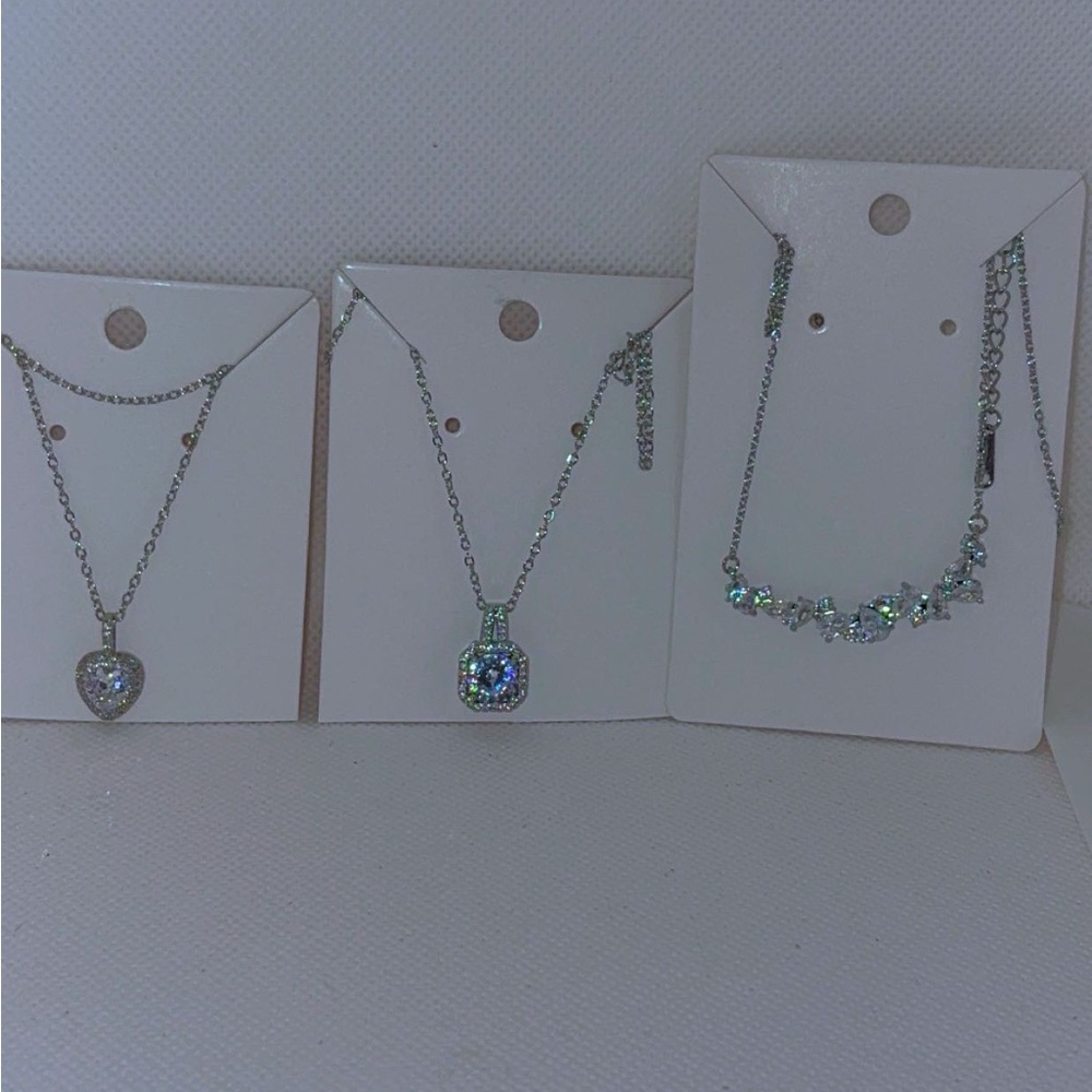 Silver Crystal Pendant Necklace - Sparkling Heart and Square Styles